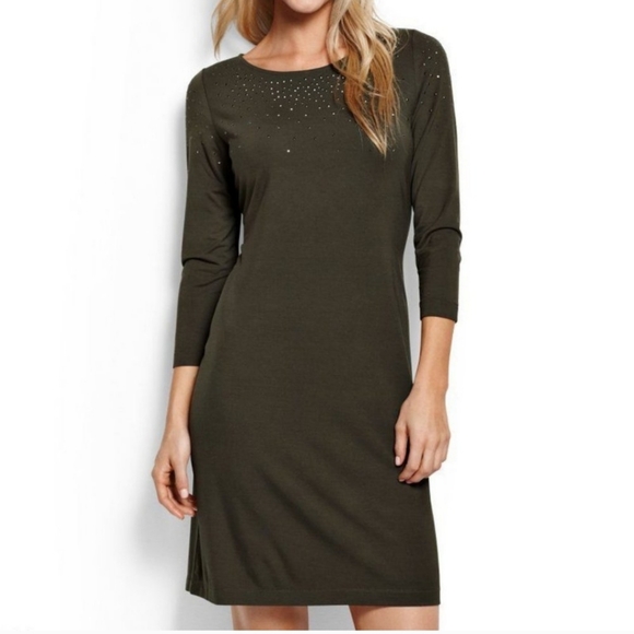 Tommy Bahama Olive Green Jersey Knit Studded Dress MEDIUM Summer Travel Basic - Picture 1 of 4